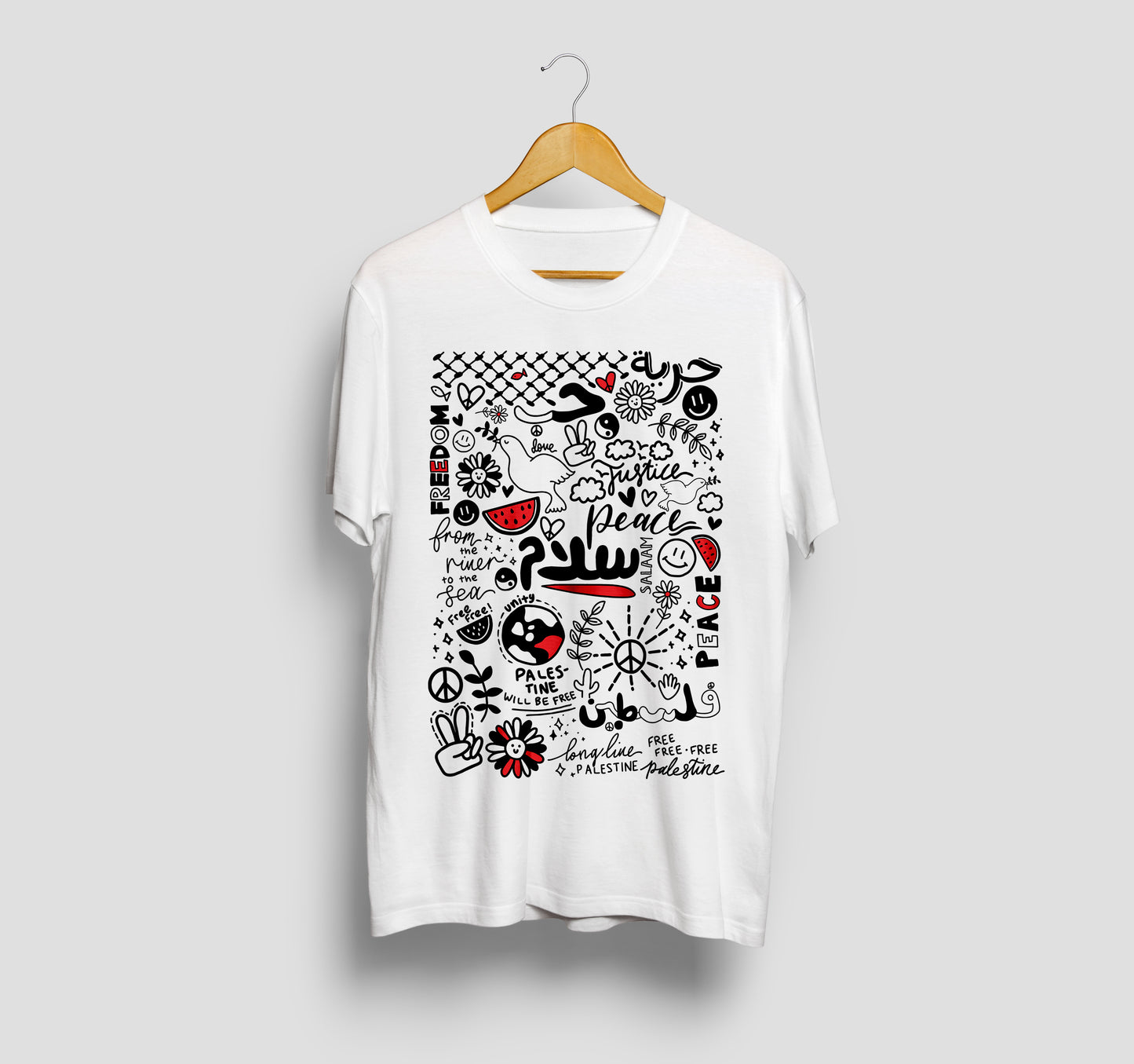 Ethical Peace Doodles T-shirt hand-drawn design supporting Palestine