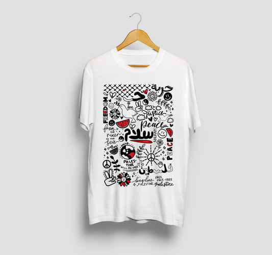 Ethical Peace Doodles T-shirt hand-drawn design supporting Palestine